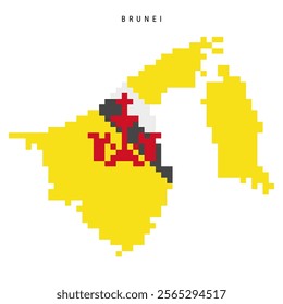 Brunei pixel flag map icon. 8 bit pixel art Bruneian map covered with flag. Flat vector illustration isolated on white background.