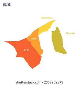 Brunei political map of administrative divisions - districts. Colorful spectrum political map with labels and country name.