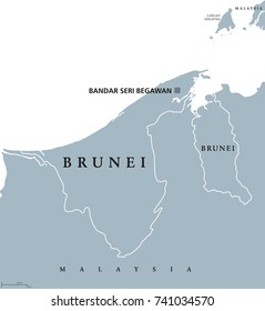 Brunei political map with capital Bandar Seri Begawan. English labeling. The Nation of Brunei, the Abode of Peace. Sovereign state on north coast of Borneo in Southeast Asia. Gray illustration. Vector