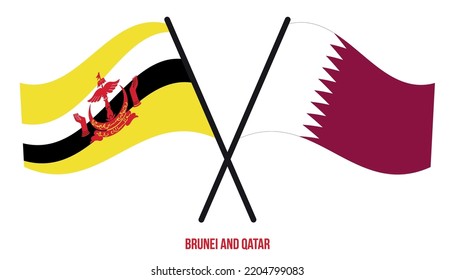 Brunei and Qatar Flags Crossed And Waving Flat Style. Official Proportion. Correct Colors.