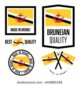 Brunei quality isolated label set for goods. Exporting stamp with bruneian flag, nation manufacturer certificate element, country product vector emblem. Made in Brunei badge collection.