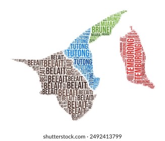 Brunei region word cloud. Country shape design. Brunei colored illustration. Region names collage cloud. Vector illustration.