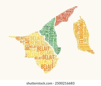 Brunei regions word cloud. Country logo design. Regions typography style vector image. Brunei colored text cloud. Amazing vector illustration.