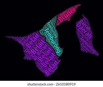 Brunei Regions Word Clouds. Bright neon style design on dark background. Region names of the country in Malay language. Country shape with administrative division. Amazing vector illustration.