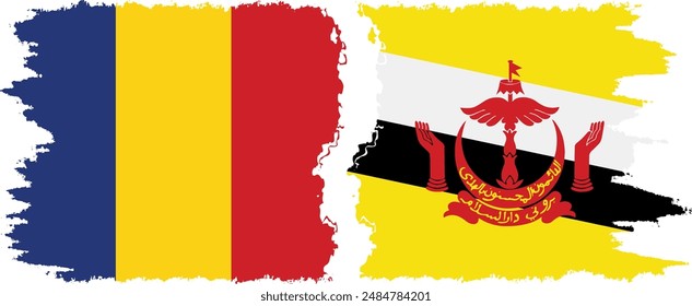 Brunei and Romania grunge flags connection, vector