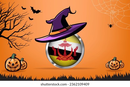 brunei round flag with Happy Halloween banner or party invitation background. bats, spiders and pumpkins, orange background