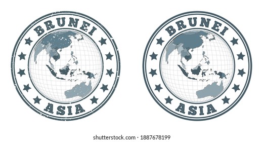 Brunei round logos. Circular badges of country with map of Brunei in world context. Plain and textured country stamps. Vector illustration.