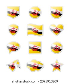 Brunei - eine Reihe von Landflaggen in Form von Aufklebern verschiedener Formen. Vektorgrafik