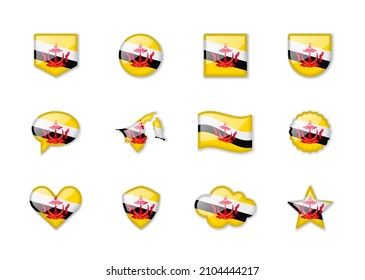 Brunei - set of shiny flags of different shapes. Vector illustration