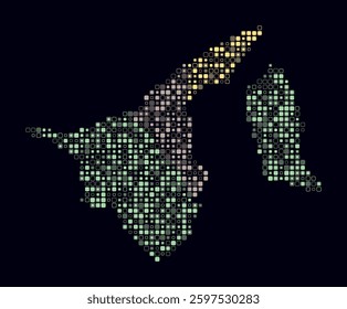 Brunei, shape of the country built of colored cells. Digital style map of Brunei on a dark background. Small size rounded square blocks. Vibrant vector illustration.
