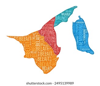 Brunei shape. Country word cloud with region division. Brunei colored illustration. Region names cloud. Vector illustration.