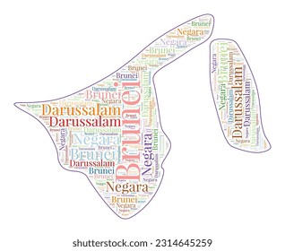 Brunei shape filled with the country's name in many languages. Brunei map in a word cloud style. Vibrant vector illustration.