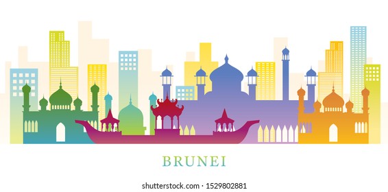 Brunei Skyline Landmarks Colorful Silhouette Background, Famous Place and Historical Buildings, Travel and Tourist Attraction