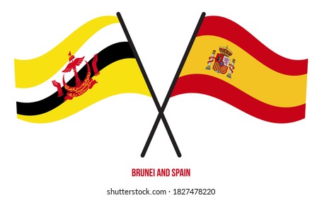 Brunei and Spain Flags Crossed And Waving Flat Style. Official Proportion. Correct Colors.