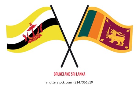 Banderas de Brunéi y Sri Lanka cruzadas y ondeando estilo plano. Proporción oficial. Colores correctos.