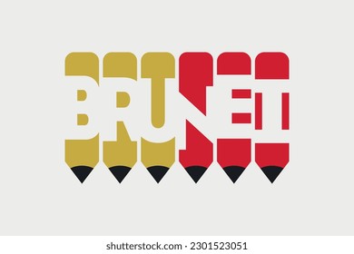 Brunei text with Pen symbol creative ideas design. Brunei flag color concept vector illustration. Brunei typography negative space word vector illustration. Brunei country name vector design.