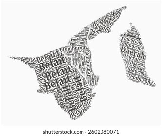 Brunei Text Style Regions. Country region names word clouds in Malay language. Beautiful vector illustration.