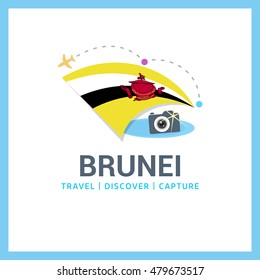 Brunei Travel, Discover, Capture logo - Vector travel Photographer logo design - Country Flag Travel, Discover and Photographer Conceptual logotype - vector illustration