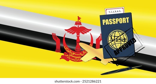 Brunei Travel Documentation Concept with blue Passport and Brunei Flag. Approved Stamp. Airplane and Travel Tickets. Ideal for Immigration Tourism and Traveling Themes. Vector EPS available