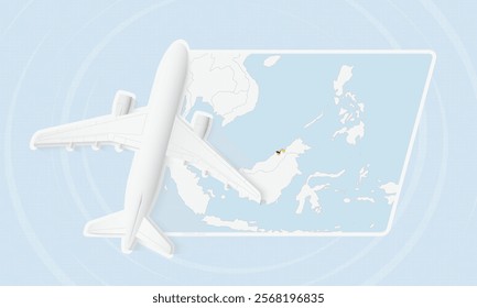 Brunei Travel Illustration with Plane and National Flag. Ideal for travel agencies, promotional materials, or geographic content related to Brunei.