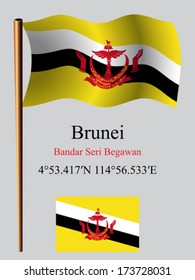 brunei wavy flag and coordinates against gray background, vector art illustration, image contains transparency