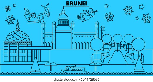 Brunei winter holidays skyline. Merry Christmas, Happy New Year decorated banner with Santa Claus.Brunei linear christmas city vector flat illustration