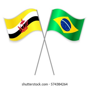 Bruneian and Brazilian crossed flags. Brunei combined with Brazil isolated on white. Language learning, international business or travel concept.