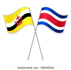 Bruneian and Costa Rican crossed flags. Brunei combined with Costa Rica isolated on white. Language learning, international business or travel concept.