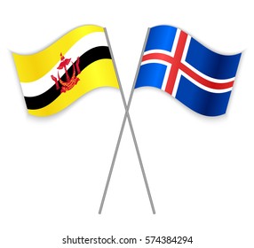 Bruneian and Icelandic crossed flags. Brunei combined with Iceland isolated on white. Language learning, international business or travel concept.