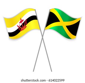 Bruneian and Jamaican crossed flags. Brunei combined with Jamaica isolated on white. Language learning, international business or travel concept.