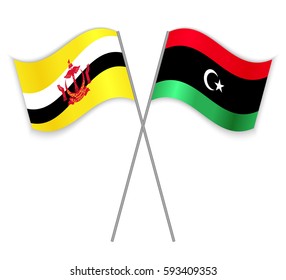 Bruneian and Libyan crossed flags. Brunei combined with Libya isolated on white. Language learning, international business or travel concept.