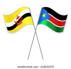 Bruneian and South Sudanese crossed flags. Brunei combined with South Sudan isolated on white. Language learning, international business or travel concept.