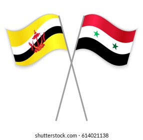Bruneian and Syrian crossed flags. Brunei combined with Syria isolated on white. Language learning, international business or travel concept.