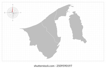 Mapa de Brunei-Darussalam com estilo cinza e elemento compas.