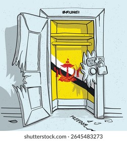 O caminho de Brunei para a liberdade. Ilustração política de uma porta quebrada, mas trancada, com a bandeira nacional. Uma metáfora para luta e esperança.