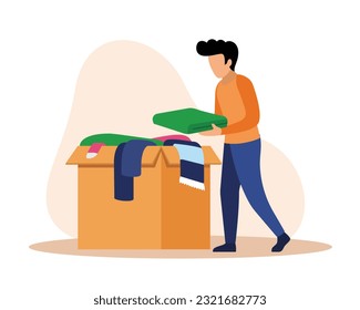 Brunet faceless man volunteer collects things in box. Humanitarian aid organization. Preparing boxes with donations. Social active youth. Vector flat style illustration