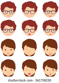 Brunet girl and spectacled boy emotions: joy, surprise, fear, sadness, sorrow, crying, laughing, cunning wink. Vector cartoon illustration