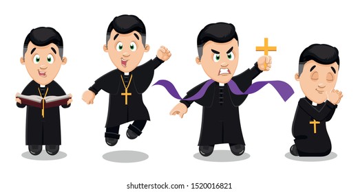 Brunet man, catholic priest in black cassock with pectoral cross on breast reading sermon, preaching, jumping for joy, is kneeling with folded hands in prayer, cast out devil. Vector set on white.