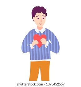 Brunet man in love single with heart, smiling. Fall in love with yourself, mental health, alone valentines day. Flat vector illustration isolated on white background.