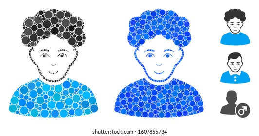 Brunet man mosaic of round dots in variable sizes and shades, based on brunet man icon. Vector dots are composed into blue mosaic. Dotted brunet man icon in usual and blue versions.