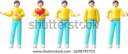 Brunet man standing in presenting pose, showing heart, pointing and thumb up hand gesture. 3D plastic style vector set. Cartoon smiling guy character wear yellow long sleeve, full height