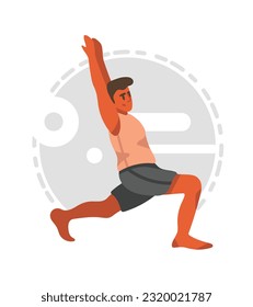 Brunet positive cartoon guy puts his hands up and practices yoga poses. Morning workout in gym. Physical and spiritual practice. Reducing level of stress doing sports. Vector