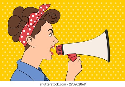 Brunet retro woman shouting with megaphone. Vintage art.