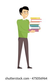 Brunet school teacher in green pullover and gray pants with stack of books. Smiling man with books. Stand in front. Learning process. Teacher isolated character. School personage. Vector illustration