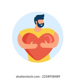 Los abrazos de un hombre pequeño y bruneano toman un gran corazón soltero con sonrisa y barba. Enamorarse de ti mismo, salud mental, solo el día de San Valentín. Ilustración vectorial plana aislada.