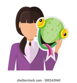 Brunet woman character in violet blouse with chameleon mask in hand vector. Flat design. Masquerade animal clothing and party costume. Psychological portrait and hidden personality. On white