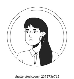 Brunette asian woman black white cartoon avatar icon. Long hair. Pretty face. Editable 2D character user portrait, linear flat illustration. Vector face profile. Outline person head and shoulders