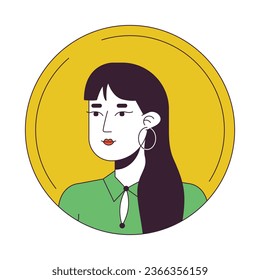 Brunette asian woman flat color cartoon avatar icon. Long hair. Pretty face. Editable 2D user portrait linear illustration. Isolated vector face profile clipart. Userpic, person head and shoulders