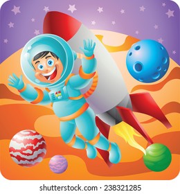 Brunette Astronaut boy rocket backpack flying in outer space