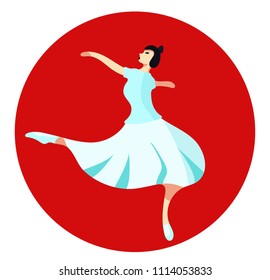 Brunette ballerina in white tutu dresses on red background. Ballet dance illustration. Modern flat cartoons style vector illustration icons. Isolated on white background. Ballerina. Ballet dance.
